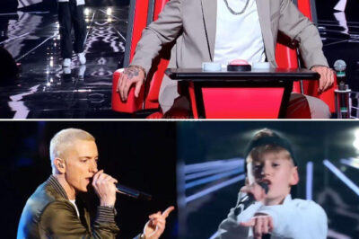 A 14-year-old boy stepped onto The Voice stage, gripping the mic like a lifeline, nerves shaking him—until the first beat of Lose Yourself dropped. In an instant, fear vanished. His spine straightened, his eyes burned with determination, and then—he unleashed it. He didn’t just rap; he owned every word, spitting bars like a fighter refusing to back down. The judges sat frozen, then slammed their buttons in a blur. Their chairs spun almost in sync as the crowd erupted. Under the blinding lights, a star wasn’t just born—he exploded onto the scene.